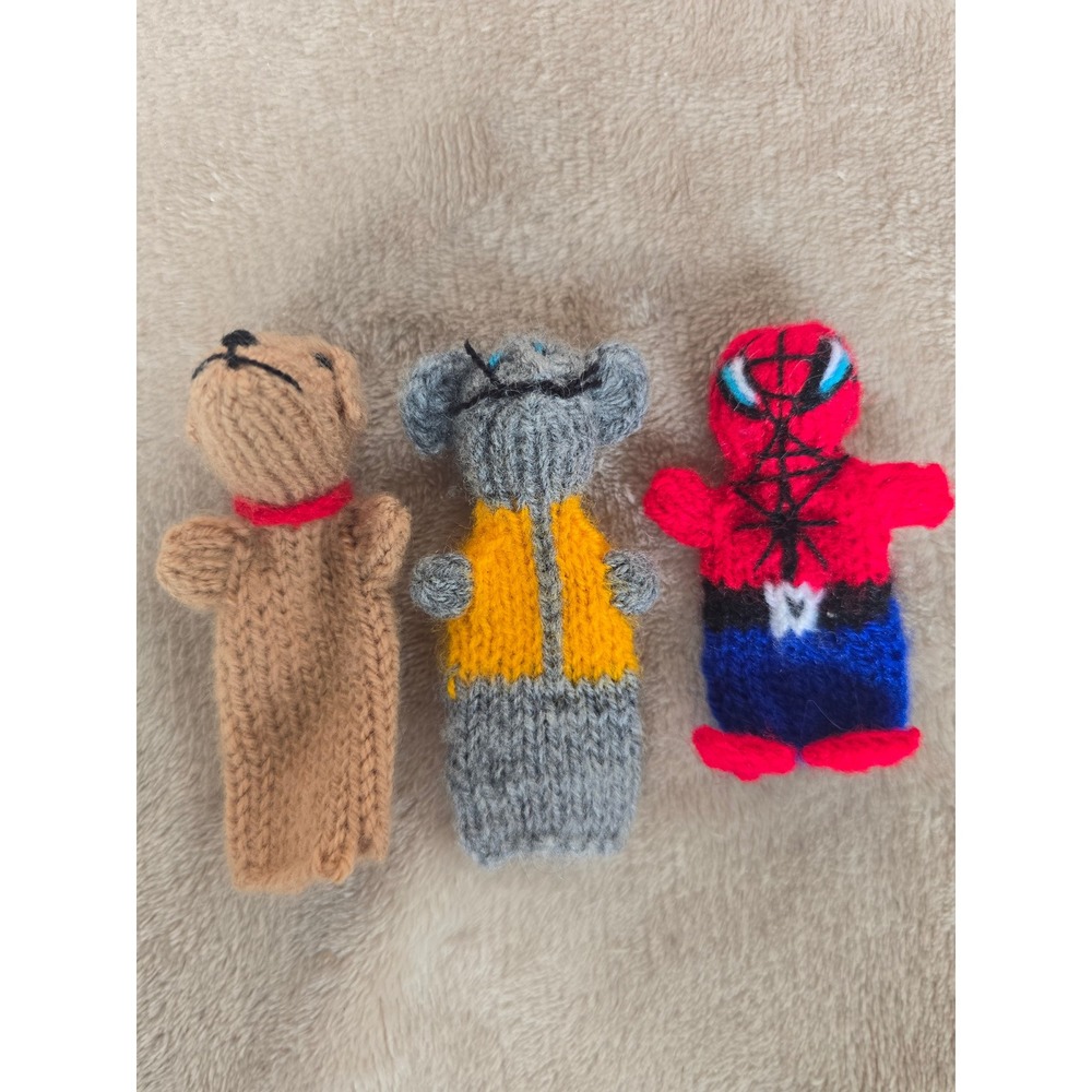 Handmade Knit Finger Puppets Set Dog Mouse Superhero Spiderman Storytelling Toys